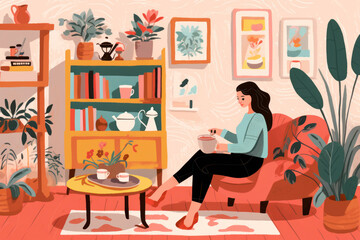 woman sitting in cozy room in cottage core scandinavian style with hot coffee tea mug relaxation calm warmth journaling me time in textured pencil hand drawn color block sketch illustration style