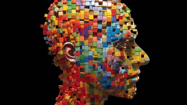 Abstract human head made of unsolved puzzle pieces, maximalism, psychology, brain, neurosis, compulsive. Generative AI image weber.