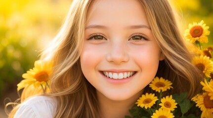Fototapeta premium A captivating medium-shot portrait of a young girl, creating a lively, summer-inspired portrait, generative AI