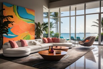 Fototapeta premium modern luxury condo living room with modern art (Generative AI)