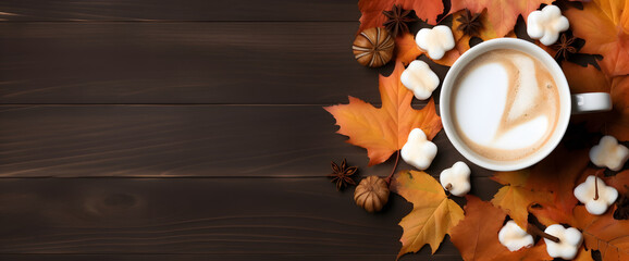 Obraz na płótnie Canvas Generative Ai – a cup of creamy pumpkin spice hot chocolate surrounded by marshmallows, accompanied by fallen leaves, banner with free space for text