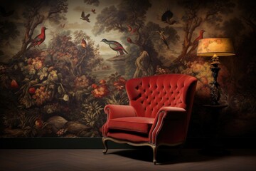 Red vintage armchair in the room with bird theme wallpaper
