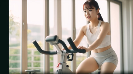 Fototapeta premium cute asian woman cycling for exercise and wellness at home. Concept home gym.