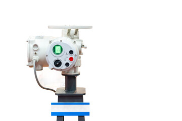 Electric multi turn actuator pressure switch for control turn close and open on butterfly or ball and other valve of water or liquid conveying in industrial isolated on white with clipping path
