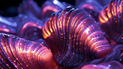 mutated neon shells on beach with glowing waves