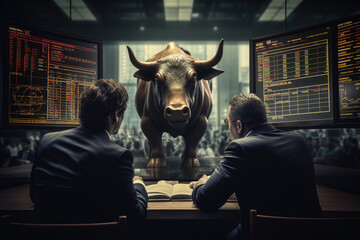 Two Businessmen in Suits with Wall Street Bull Statue, Generative AI