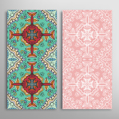 Vertical seamless patterns set, floral geometric lace texture for Wedding, Valentine's day, greeting card or Birthday Invitation. Decorative seamless doodle backgrounds. Ethnic ornament border pattern