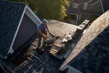 Top-down view of asphalt shingles being installed on a roof by a roofer. Generative AI - obrazy, fototapety, plakaty