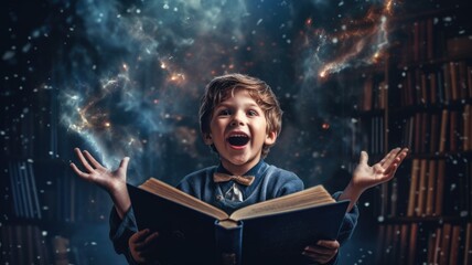 Boy excited with an opened magical book with wave of astral magical elements flowing out. Generative AI image weber.