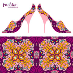 Vector fashion illustration. Ladies shoes and colorful seamless pattern for textile fabric, paper print, invitation or business card design. Summer collection, isolated elements