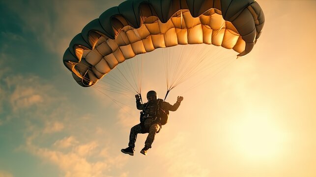 a parachutist in a parachute at sunset. Extreme sport, entertainment. Hobbies and recreation