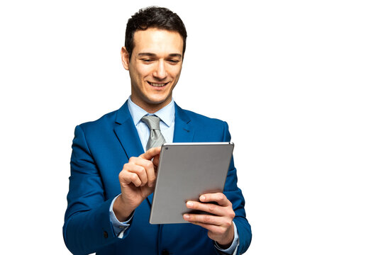 Young businessman using a digital tablet isolated on white