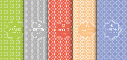 Set of seamless line patterns, colored background. Stylish decorative vintage, retro, arabic, christmas label decor set. Abstract geometric frame, vector illustration. Art Deco style, light colors