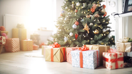 Christmas presents lie under the Christmas tree and around the Christmas tree on the floor in the...