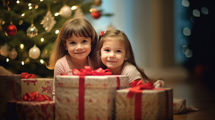 Fototapeta na wymiar two happy toddlers, toddler girls, two girls or siblings, underage toddler children kids girls, sitting on the floor, surrounded by Christmas presents