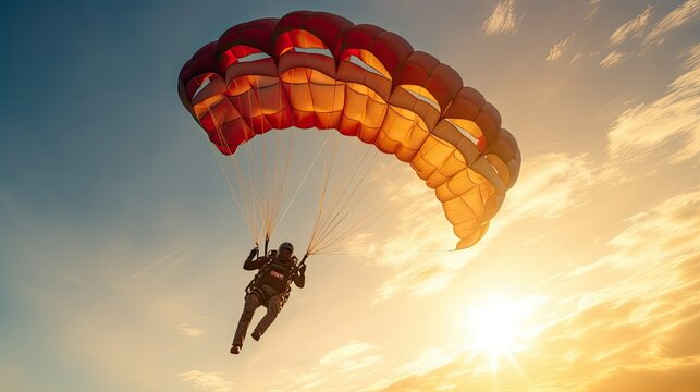 a parachutist in a parachute at sunset. Extreme sport, entertainment. Hobbies and recreation