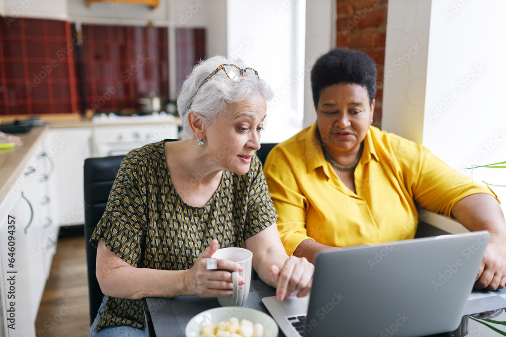 Sticker two senior best female friends or neighbors sitting at kitchen table in front of laptop drinking tea