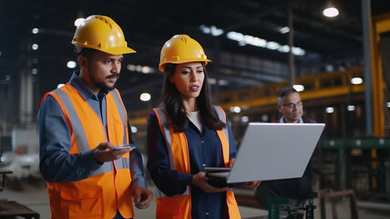 Two engineer manager leader and woman assistant holding laptop wearing helmet talking and checking production.