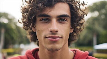 A young adult or teenager, 18 20s, wearing a hoodie, outside in the city park, gray cloudy sky,  fictional place