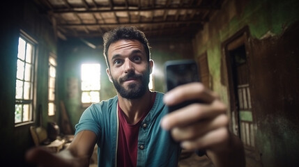 an adult man, 30s 40s, slim, holding his cell phone and taking a selfie, fun funny and funny, for social media, in an old run-down house, for renovation, home, simple happy life,
