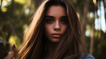 Obraz premium young adult woman, 20s, brunette, outside in the city park near trees or palm trees, , sunny day