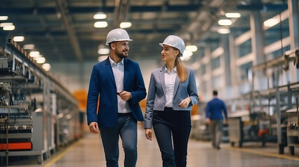 Two professional engineer man and woman manager leader wearing helmet and walking in factory. - obrazy, fototapety, plakaty