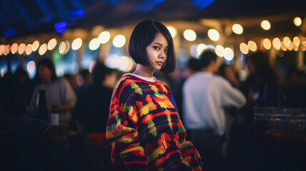 adult woman, Asian, in a bar or restaurant in the afternoon, tourist or local feels very uncomfortable in the crowd of celebrating partygoers, bad mood