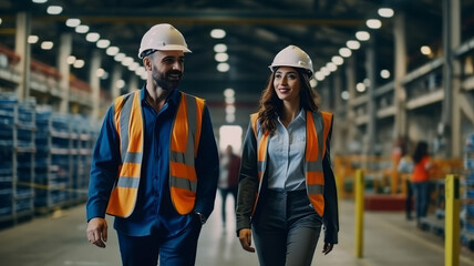 Two professional engineer man and woman manager leader wearing helmet and walking in factory.