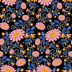 Floral pattern with a composition of pink flowers, curls, blue leaves on a black background. Decorative seamless background for fabric, textile, packaging design.