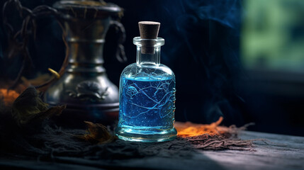 abstract, magic elixir or horoscope and healing potion, blue liquid, glowing and fizzy, bottle or perfume or healing potion