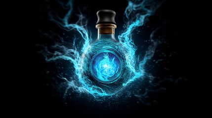 abstract, magic elixir or horoscope and healing potion, blue liquid, glowing and fizzy, bottle or perfume or healing potion