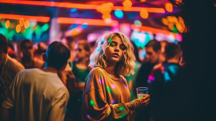 Obraz premium young adult woman, blonde, shoulder-length hair, in a pedestrian zone at a village festival or on the edge of Oktoberfest or nightlife