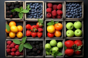 Assorted summer fruits and berries, arranged in wooden crates, over grey background. Local, eco-friendly produce. Generative AI