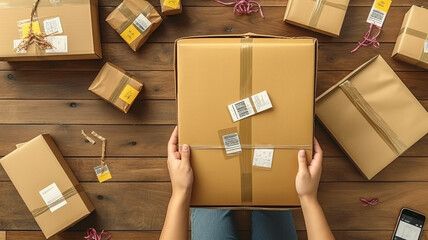 Photography, Close-up of business man prepare his packages, from Top-down angle.generative ai