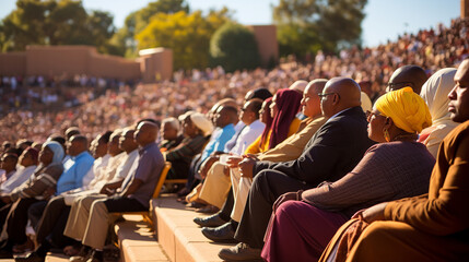 Obraz premium a festive or sporting event, people sitting in the audience in a stadium or public place in a city, black people or African people, crowd busy, men and women
