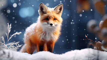 Fototapeta premium Red fox on a background of a snowy, winter forest and copy space. Christmas greeting card.