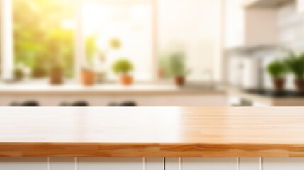 An empty brown wooden tabletop against a blurred background of a kitchen with a window, plants in glass pots and kitchen utensils. to display or mount your products. 3d rendering
