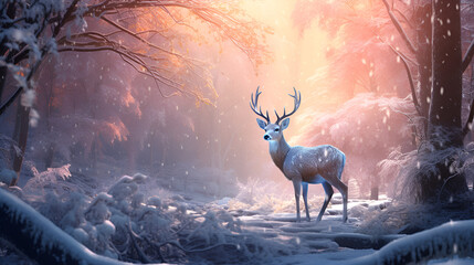 White Reindeer against the backdrop of a fabulous winter, snowy forest, bokeh and copy space. illustration. Christmas card with copy space.