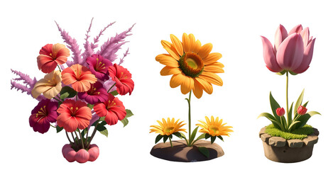 Set of beautiful hibiscus, sunflower and tulip flowers and plants isolated on transparent background, 3d illustration. Generative AI