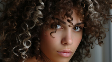 Fototapeta premium Close-up, mature adult woman, make-up for smooth skin, curly hair, dyed strands, tanned skin tone, thoughtful or serious or in a bad mood or having doubts or self-doubt