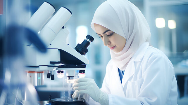 Muslim female doctor wearing a hijab, a scientist looks under a microscope and analyzes a Petri dish sample. engaged in medicine and biotechnological research in an advanced pharmaceutical laboratory