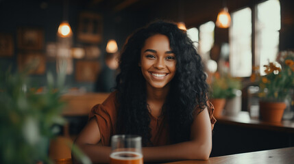 in her free time or after work, young adult woman, tanned skin tone, 20s, black long hair, attractive slim beauty, in a bar in the afternoon, with a glass of soft drink