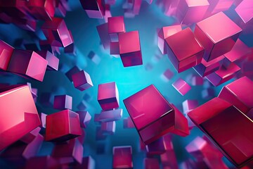 Dynamic metallic geometric forms in motion on bright pink surface. Futuristic 3D render.