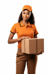 Cute African american girl employee of the Parcel delivery company in orange uniform, friendly, with a parcel in her hands.generative ai