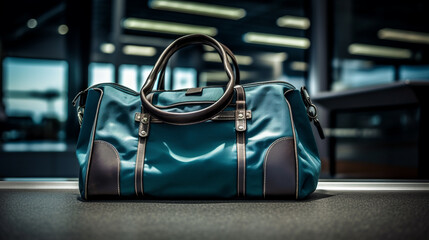 Fototapeta premium Luggage at the airport or train station, a single bag, lost or at the luggage conveyor belt