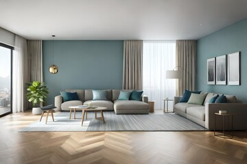 Naklejka na ściany i meble A spacious living room bathed in soft, natural light, with minimalist furniture and a soothing color palette.
