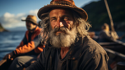Homme âgé de style pécheur aventurier sur son bateau face au soleil