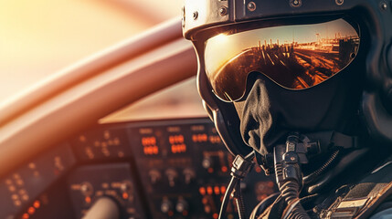 a military aircraft, a fighter jet, a pilot with a visor and breathing mask in the cockpit, low-level flight or attack flight, war and flight space, air raid, fictional