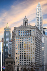 Modern and traditional architectural styles coexist throughout Chicago's prominent buildings and historic towers.
