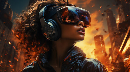 Femme avec un casque de réalité virtuelle dans une mise en scene cinématique avec de l'action - obrazy, fototapety, plakaty